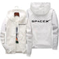 Men's SpaceX logo hoodie, casual spring/autumn zip-up jacket with printed SpaceX branding and sporty protective design.