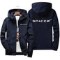 Men's SpaceX logo hoodie in black, casual zip-up jacket with printed SpaceX logo, suitable for spring and autumn wear.