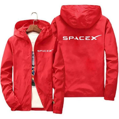 Men's SpaceX logo hoodie by BACKUPMYFILESNOW.COM, casual spring/autumn protective zip-up jacket with printed SpaceX logo.