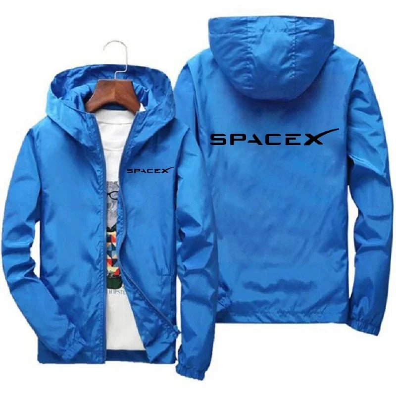 Men's SpaceX logo hoodie in black with zipper, casual design for spring and autumn, sporty and protective jacket style.
