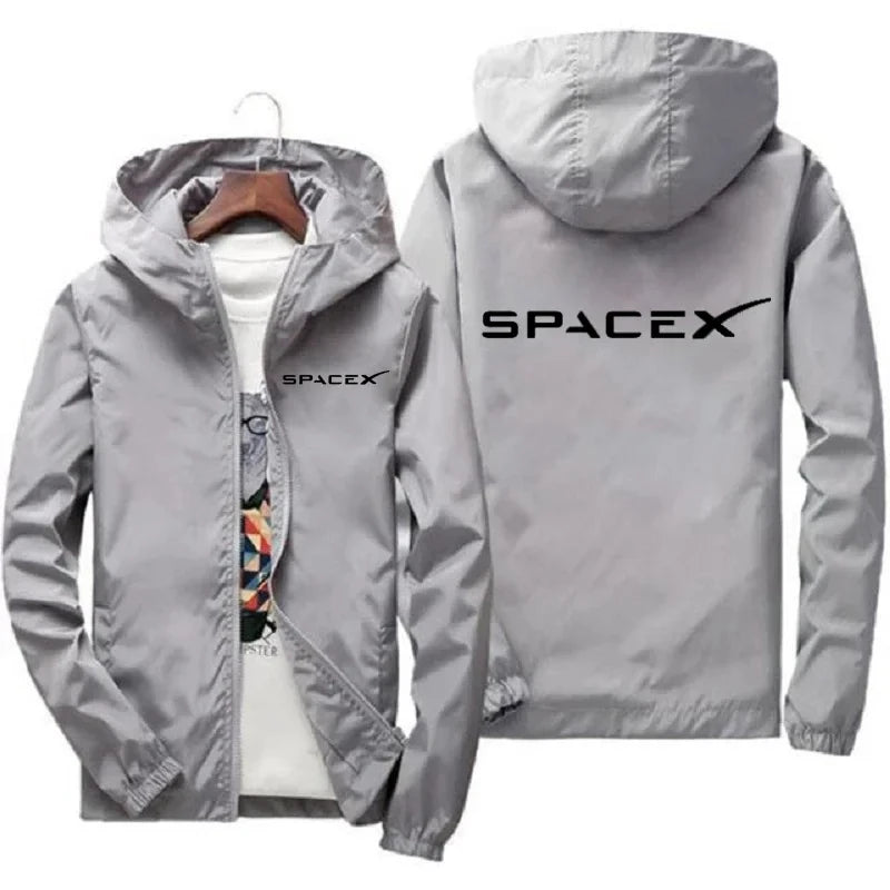 Mens SpaceX logo hoodie in black with zipper, casual fit, suitable for spring and autumn, sporty protective racing jacket style
