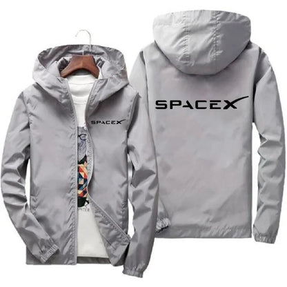 Mens SpaceX logo hoodie in black with zipper, casual fit, suitable for spring and autumn, sporty protective racing jacket style