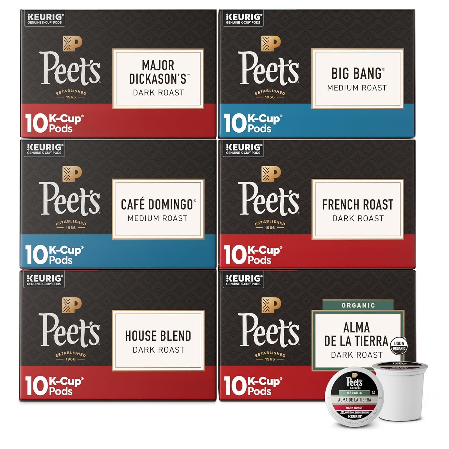 Four boxes of Peet's Coffee Medium Roast Keurig K-Cup Pods, 100% Arabica from Brazil, 22 pods per box, total 88 pods.
