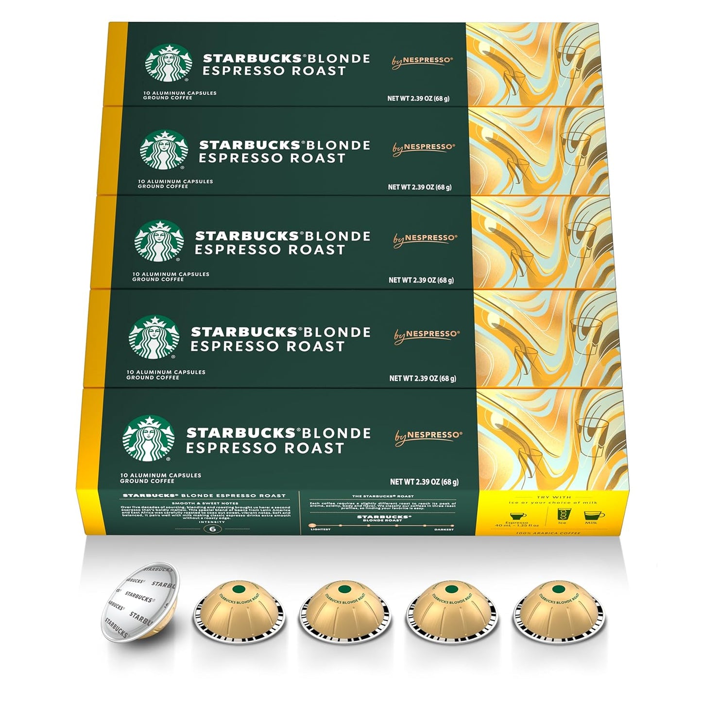 Pack of 50 Starbucks by Nespresso Vertuo Blonde Roast Espresso pods, 1.35 oz each, shown in a 10-count pack for Vertuo coffee brewing.