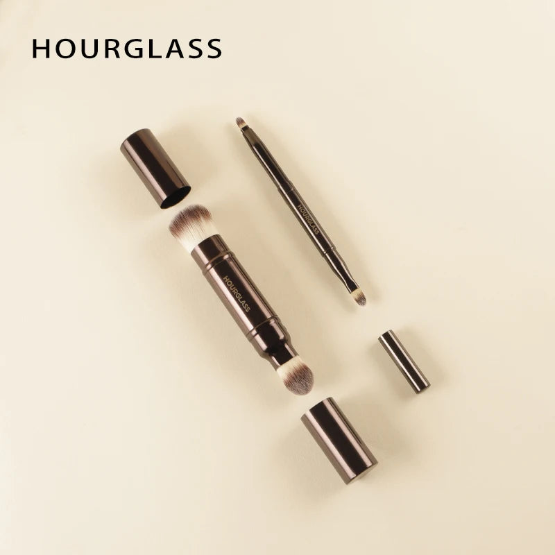 Hourglass makeup brush set with retractable professional brushes for eyeshadow, foundation, concealer, powder, bronzer, blusher, and eyeliner.