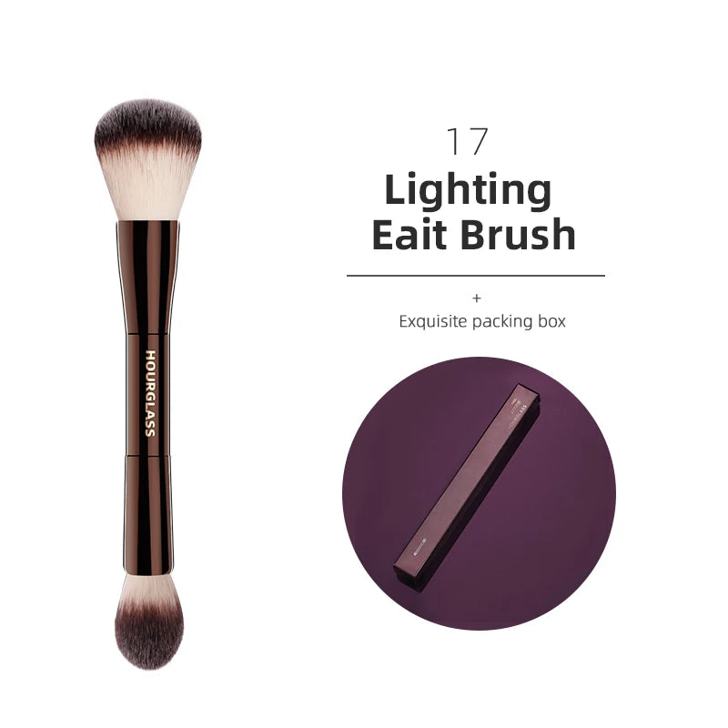 Hourglass makeup brush set with retractable professional brushes for eyeshadow, foundation, concealer, powder, bronzer, blusher, and eyeliner.