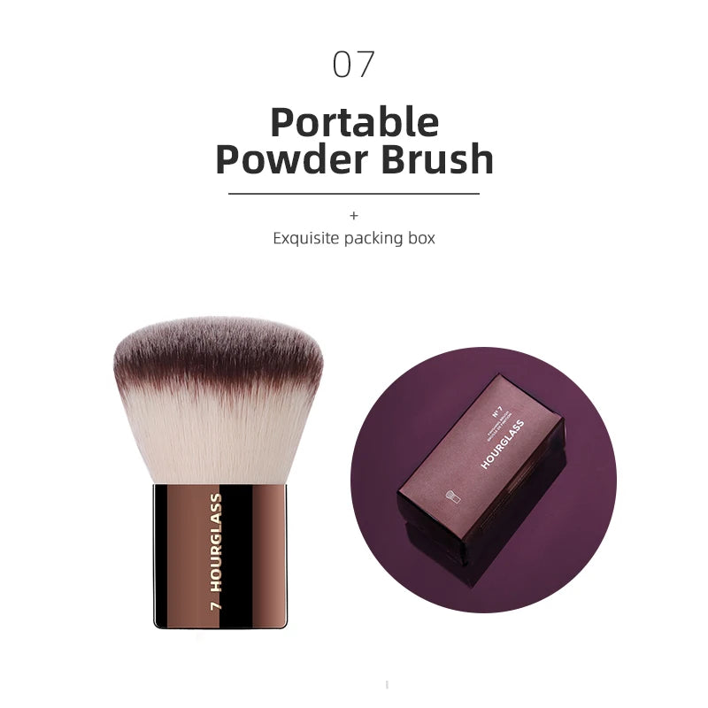 Hourglass makeup brush set with retractable professional brushes for eyeshadow, foundation, concealer, powder, bronzer, and blush.