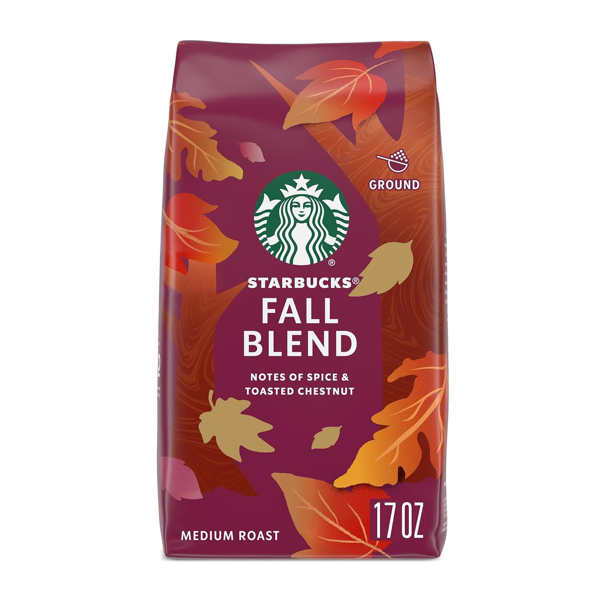 Three 12 oz bags of Starbucks Medium Roast Ground Coffee, suitable for hot or iced coffee, in a variety pack.