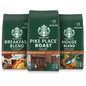 Starbucks Medium Roast Ground Coffee variety pack with three 12 oz bags, suitable for hot or iced coffee brewing.