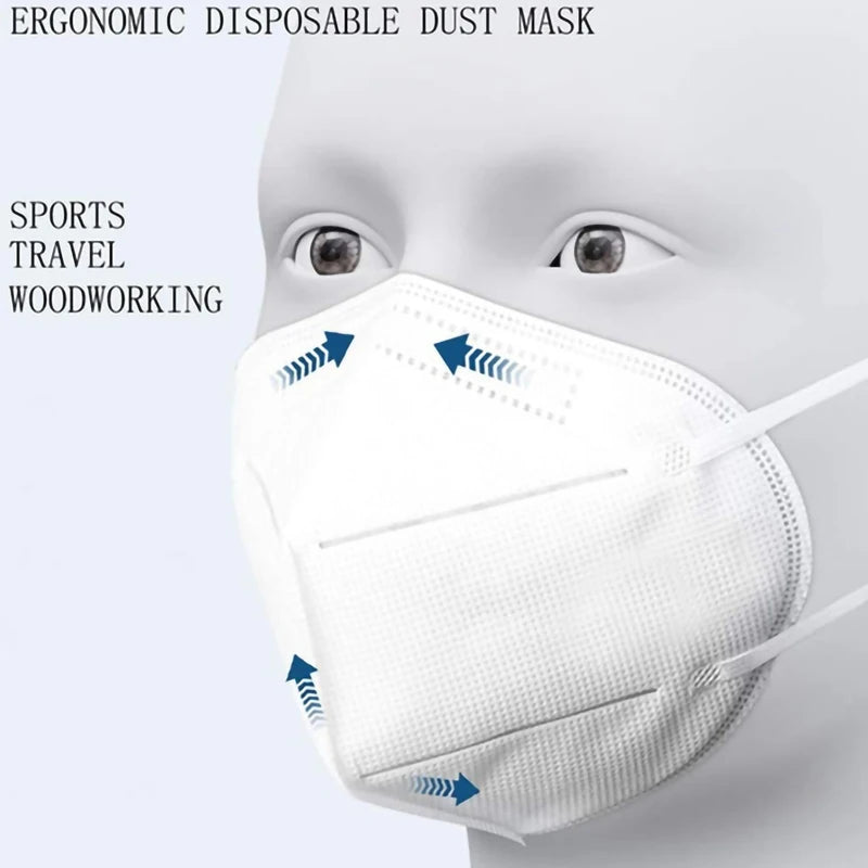 Set of 10 black FFP2 KN95 face masks, reusable, CE-certified protective masks with ear loops, designed for mouth and nose coverage.