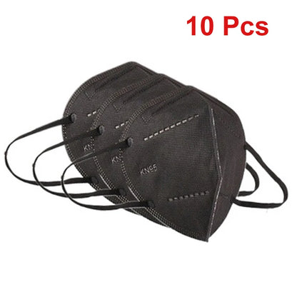 Set of 10 black FFP2 KN95 reusable face masks with CE certification, protective mouth masks for face coverage.