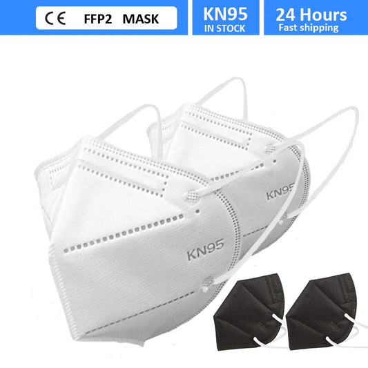 Set of 10 white FFP2 KN95 face masks with 5-layer filter, designed for adult protection and filtration, featuring a secure fit.
