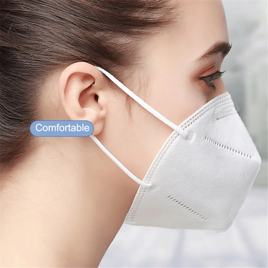 Set of 10 white FFP2 KN95 face masks with 5-layer filtration, designed for adult protection and respiratory safety.