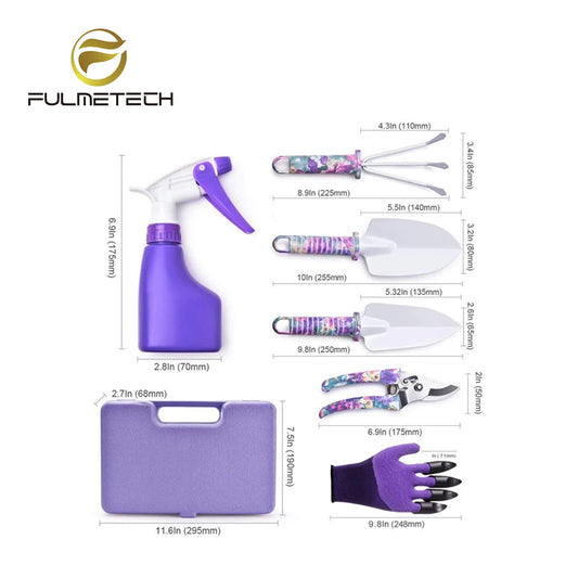 Purple women's garden tools set with six pieces, including trowel, pruners, and transplanter, ideal for gardening tasks.