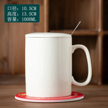 Yellow ceramic mug with large handle, 1000ml capacity for coffee, milk, or water, ideal for everyday use.