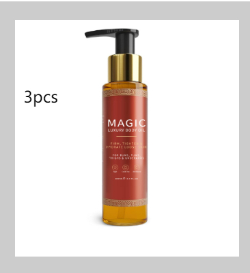 Three 100ml bottles of BackupMyFilesNow.com soothing body oil, showing clear glass bottles with golden oil inside.