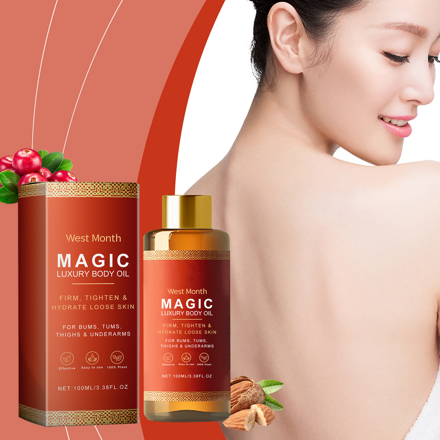 Three 100ml bottles of BackupMyFilesNow.com soothing body oil, featuring clear bottles and label with natural ingredients.