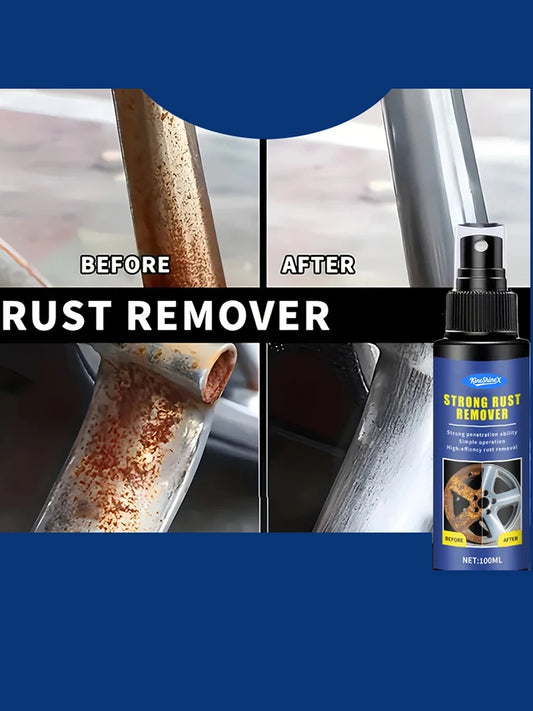Powerful BACKUPMYFILESNOW® rust remover spray in a 100ml bottle, showing application on metal auto parts and household tools.