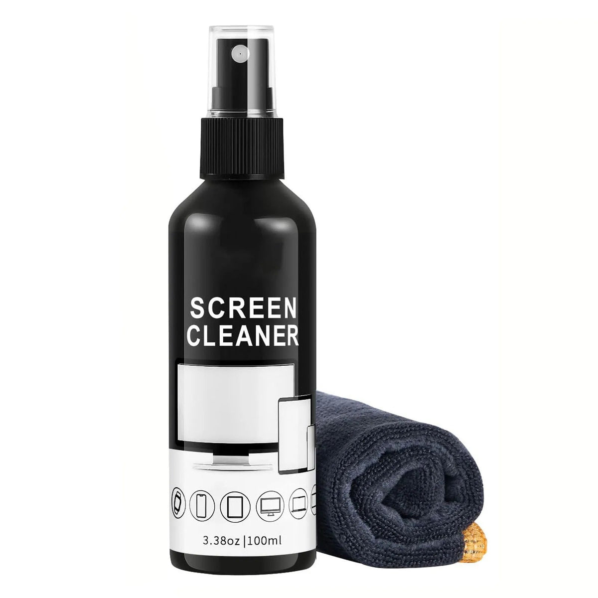 BackupMyFilesNow® Screen Cleaner Spray Kit with 100ml glass cleaner spray and microfiber cloth for glasses and camera lenses.