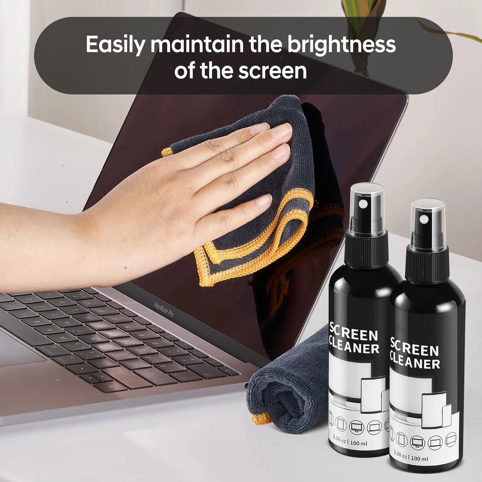 BackupMyFilesNow® 100ml screen cleaner spray kit with microfiber cloth for cleaning glass, glasses, and camera lenses.