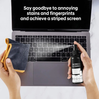 BackupMyFilesNow® 100ml screen cleaner spray kit with microfiber cloth, ideal for glass surfaces, glasses, and camera lenses.