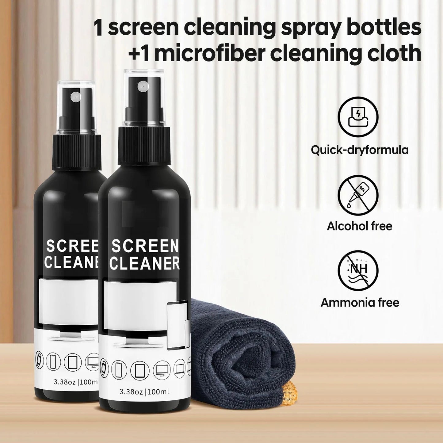 BackupMyFilesNow® 100ml screen cleaner spray kit with microfiber cloth, suitable for glass, glasses, and camera lenses.