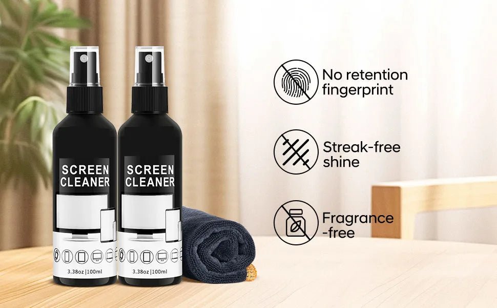 BACKUPMYFILESNOW® 100ml screen cleaner spray kit with microfiber cloth for cleaning glass surfaces, glasses, and camera lenses.