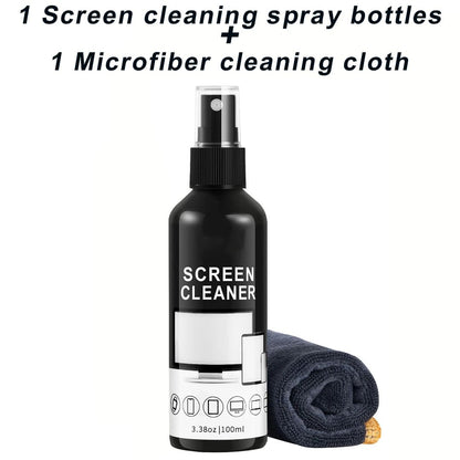 BackupMyFilesNow® 100ml screen cleaner spray kit with microfiber cloth for cleaning glass surfaces, glasses, and camera lenses.