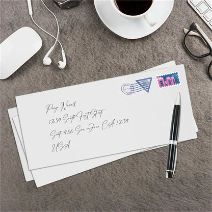 Set of 100 white windowless business envelopes, secure self-sealing design, fits A4 papers, bills, and invoices.