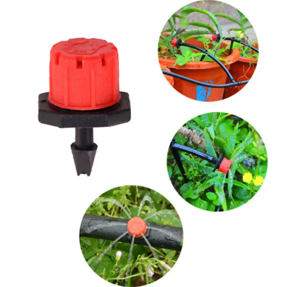 Set of 100 irrigation drippers and sprinkler heads for garden watering and irrigation systems, designed for efficient water flow.