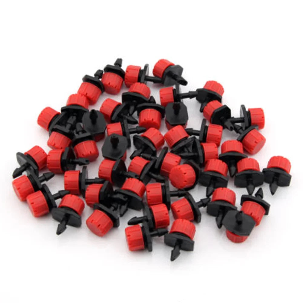 Set of 100 irrigation drippers and sprinkler heads for garden watering and irrigation systems, with flow heads for efficient water distribution.