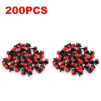 Set of 100 irrigation drippers and sprinklers for garden watering and irrigation systems, with flow heads for efficient water distribution.