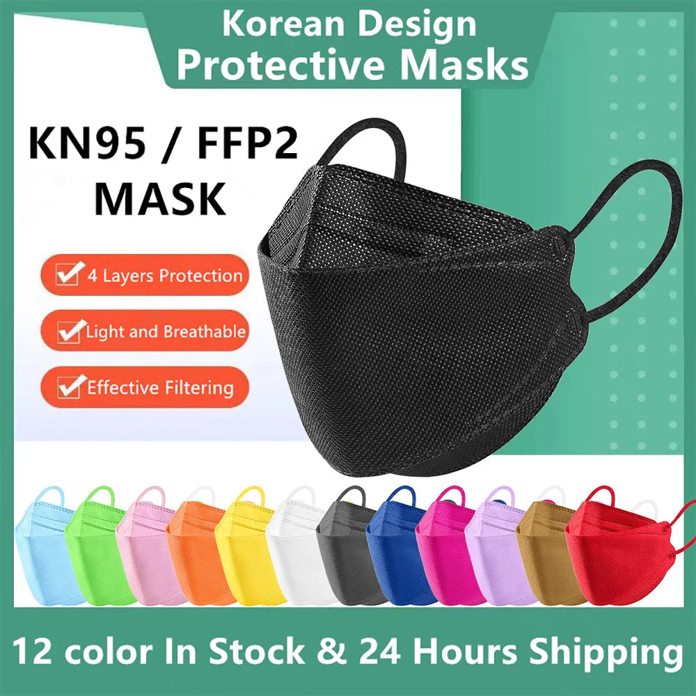 Set of 100 black FFP2 face masks, disposable KN95 and KF94 masks for adult protection, CE approved, with fish-shaped design.