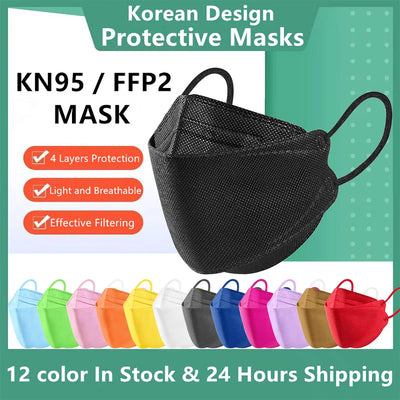 Set of 100 black FFP2 face masks, disposable KN95 and KF94 masks for adult protection, CE approved, with fish-shaped design.