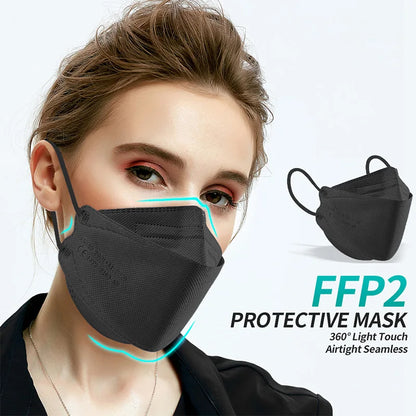 Set of 10-100 black FFP2 face masks, disposable KN95 and KF94 masks, CE approved, for adult facial protection.
