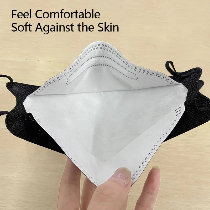 Black FFP2 face masks, disposable KN95 and KF94 masks with CE approval, shown in a pack of 10 to 100 units.