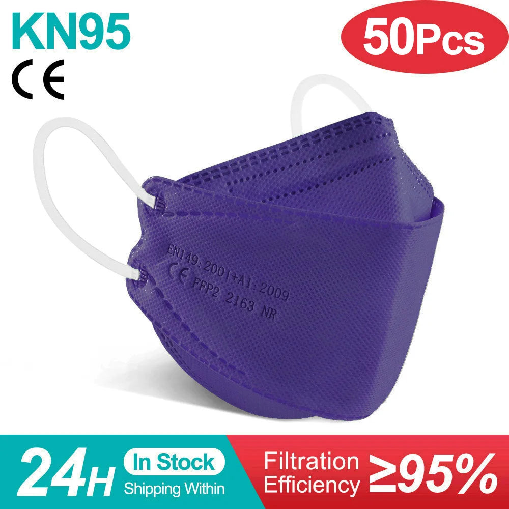 Gray fish-shaped KN95 FFP2 mask for adults, with 4-layer filtration and approved FFP2 respirator design.