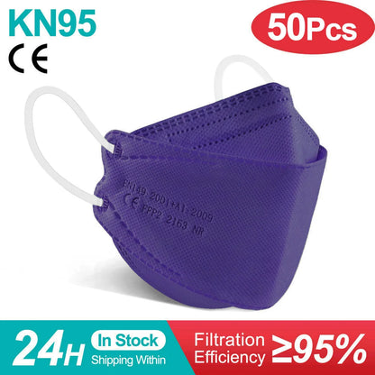 Gray fish-shaped KN95 FFP2 mask for adults, with 4-layer filtration and approved FFP2 respirator design.