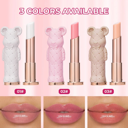 Beauty Glazed Bear moisturizing lipstick and colored lip balm, featuring a nourishing, watery formula for easy, vibrant coloring.