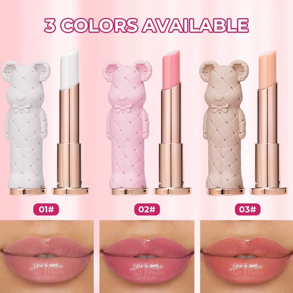 Beauty Glazed Bear moisturizing lipstick and colored lip balm, featuring a nourishing, watery formula for easy, vibrant coloring.
