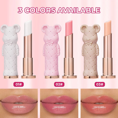 Beauty Glazed Bear moisturizing lipstick and colored lip balm, featuring a nourishing, watery formula for easy, vibrant coloring.