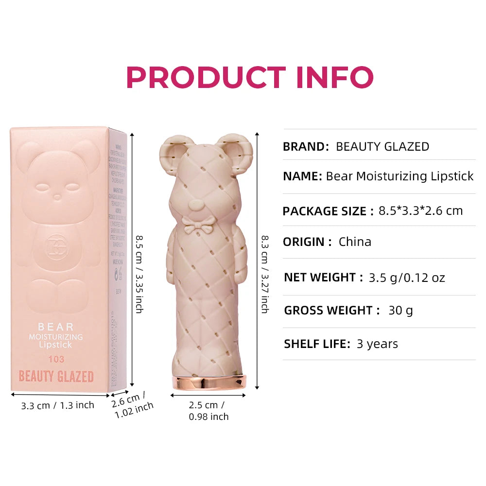 Beauty Glazed Bear moisturizing lipstick and colored lip balm in a watery, nourishing formula with easy-to-apply, vibrant color.