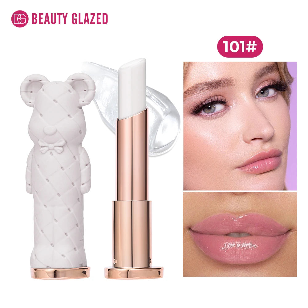 Beauty Glazed Bear moisturizing lipstick and colored lip balm, nourishing, easy to apply, with a watery, vibrant finish.