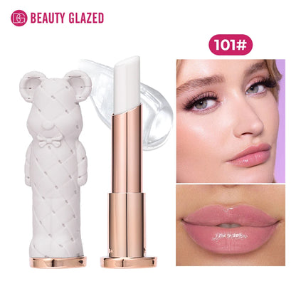 Beauty Glazed Bear moisturizing lipstick and colored lip balm, nourishing, easy to apply, with a watery, vibrant finish.