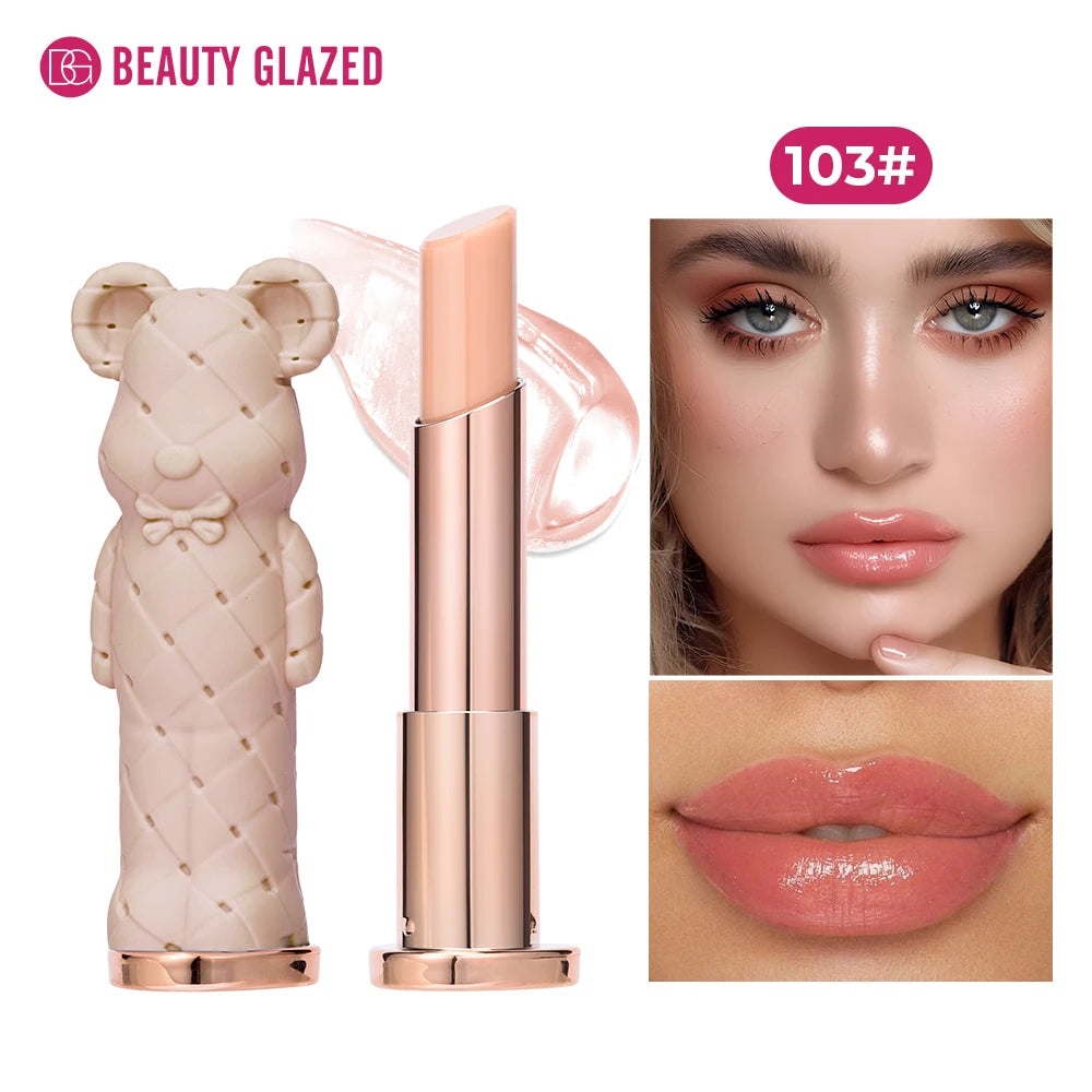Beauty Glazed Bear moisturizing lipstick and colored lip balm, nourishing, easy to apply, with a watery, vibrant finish.