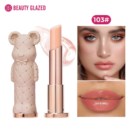 Beauty Glazed Bear moisturizing lipstick and colored lip balm, nourishing, easy to apply, with a watery, vibrant finish.
