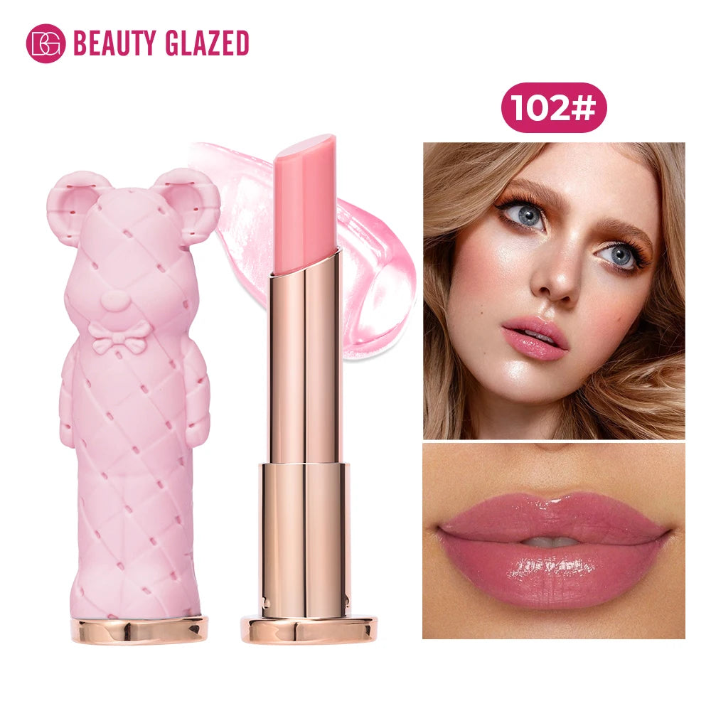Beauty Glazed Bear moisturizing lipstick and colored lip balm with watery, nourishing formula, easy to apply and vibrant in color.