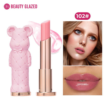Beauty Glazed Bear moisturizing lipstick and colored lip balm with watery, nourishing formula, easy to apply and vibrant in color.