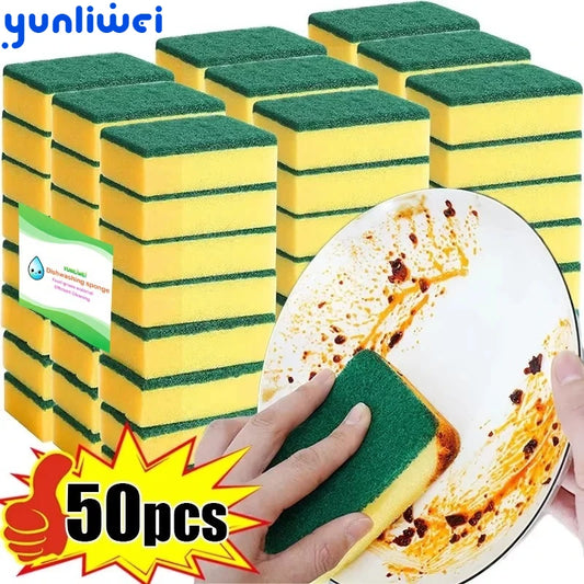 Heavy-duty double-sided scrub sponge for kitchen grease, rust, and pot cleaning, highly absorbent and durable for tough messes.