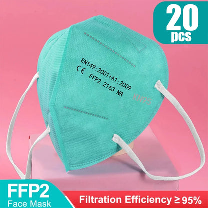 Set of 10-100 FFP2 KN95 face masks for adults with 5-layer filter, reusable, surgical-grade, and homologated for safety.